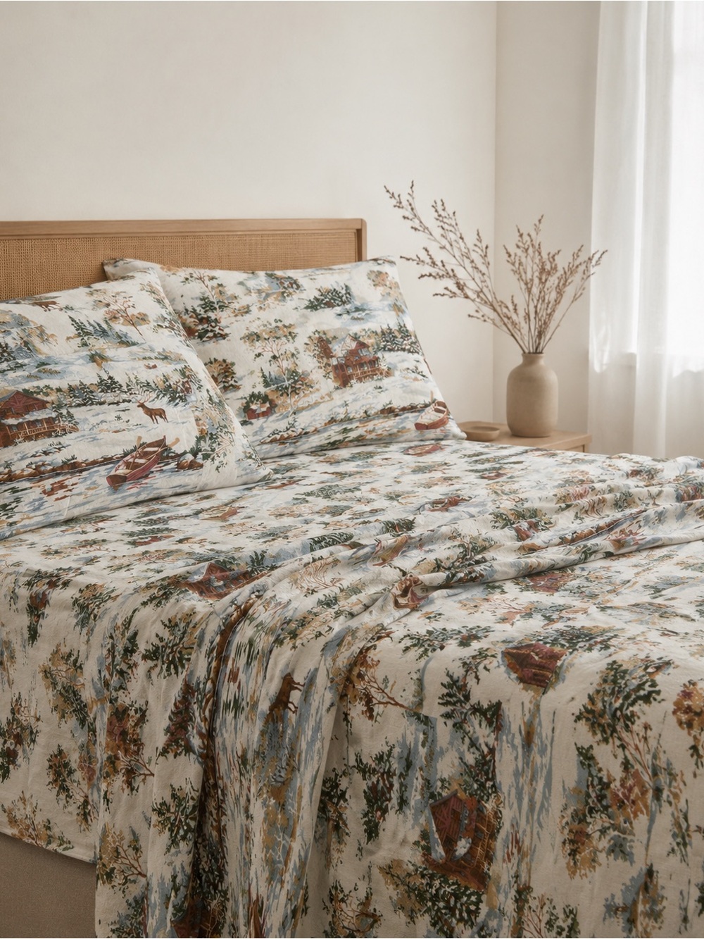 Vintage Franco Queen Flannel Sheet Set 100% Cotton Winter Cabin Deer Turkey